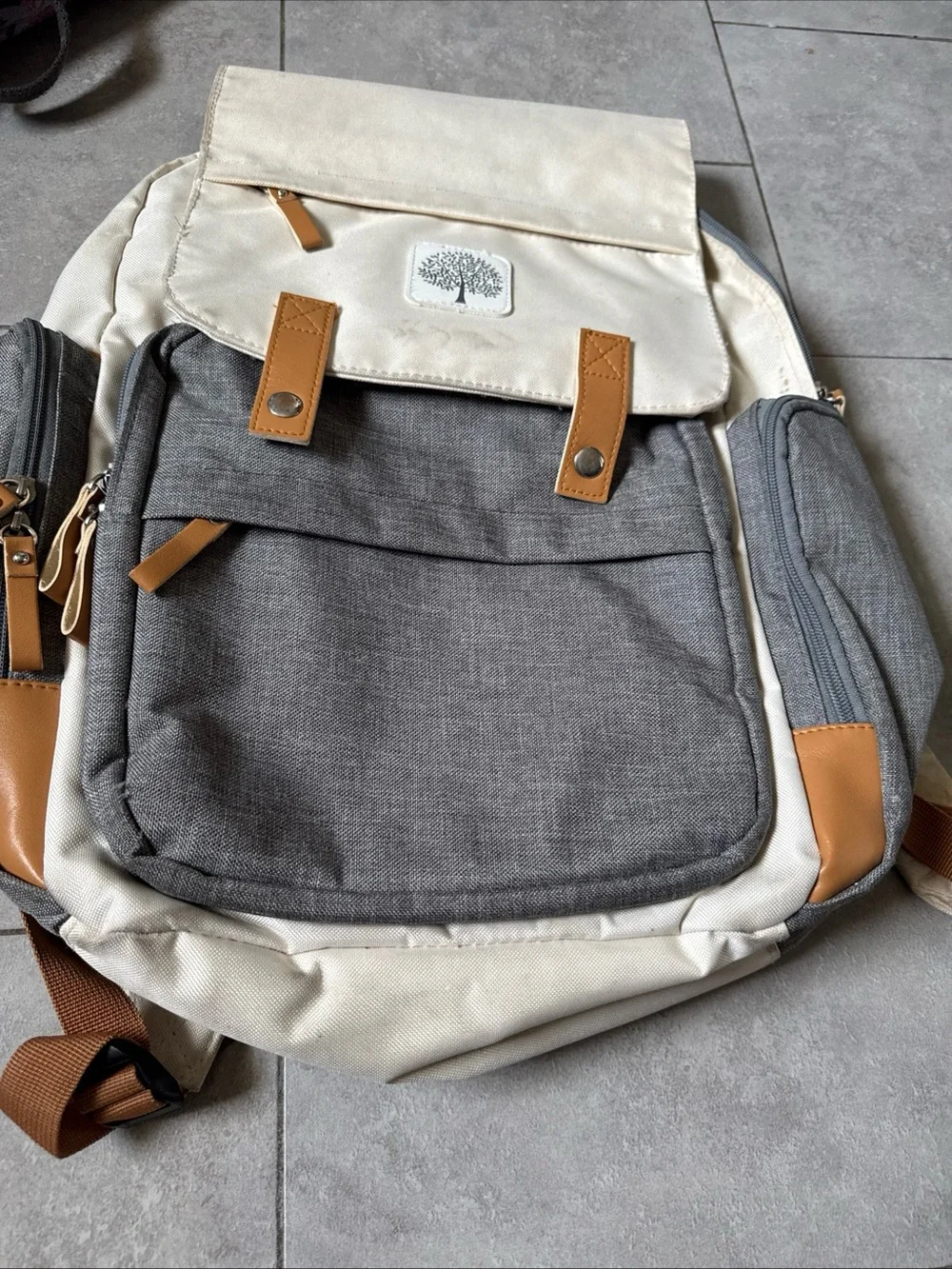 Neutral Two-Tone Baby Diaper Backpack with Tree Logo